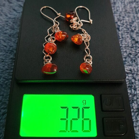 3 Strand 925 Sterling Silver and Genuine Baltic Amber Dangle Earrings - Picture 7 of 8